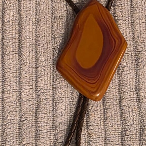 Vintage Metal Bolo Tie, Bennett, Nice Big Brown Stone Design with Stripes, Nice - Picture 2 of 7